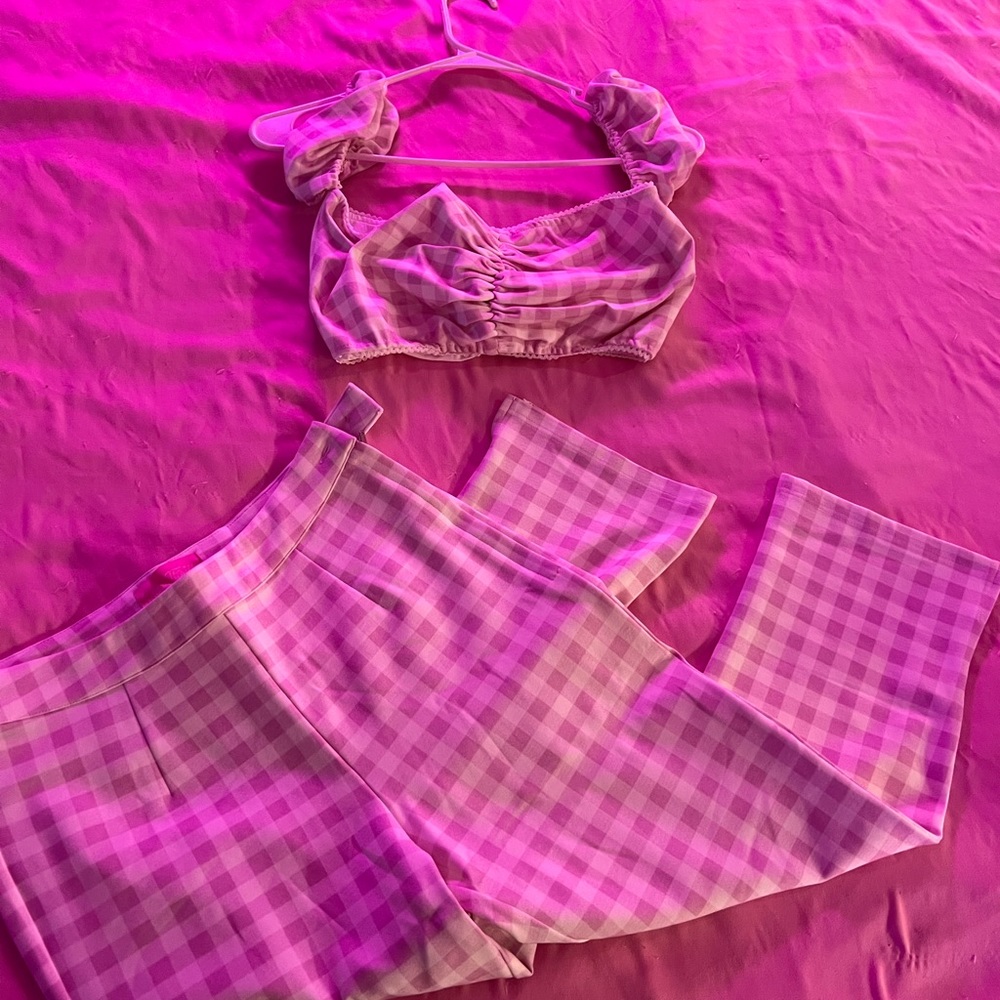 Sugar Thrillz Pink Gingham Two-Piece Crop Top and Pants Set